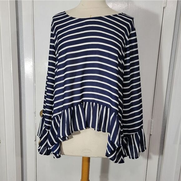 A.n.a Navy Stripe Peplum Hem Blouse With Ruffles Size XL NWT - Picture 11 of 11